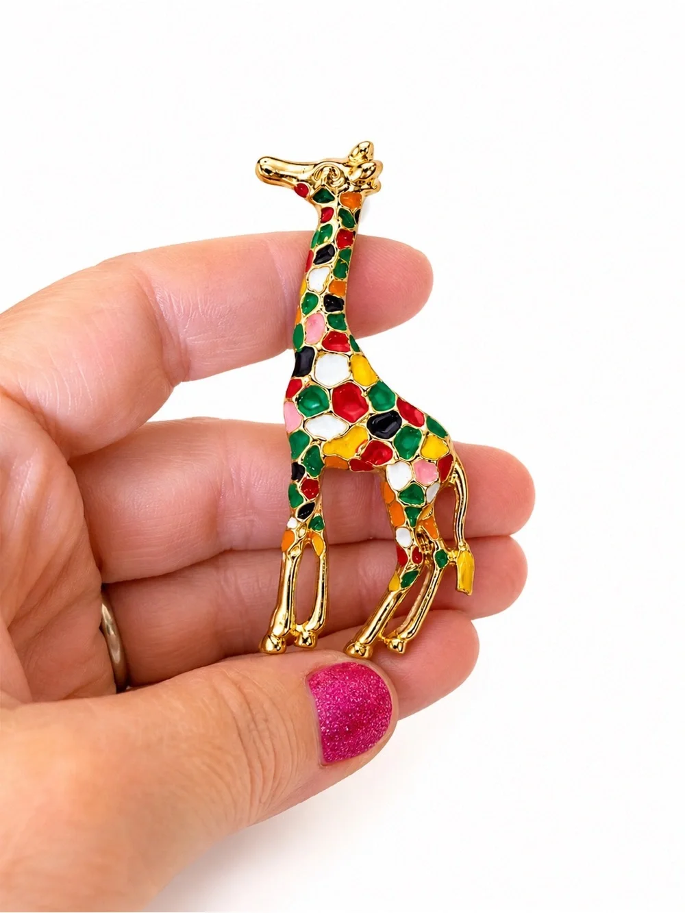 Colorful Enamel Giraffe Brooch – Gold Tone Statement Pin – Whimsical